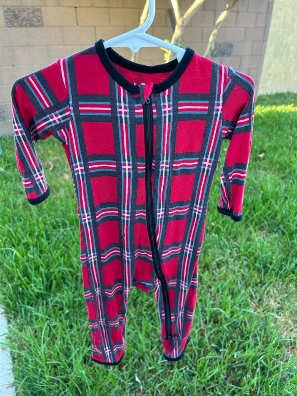 Kickee Pants Red and Black Plaid Zip Front Footie